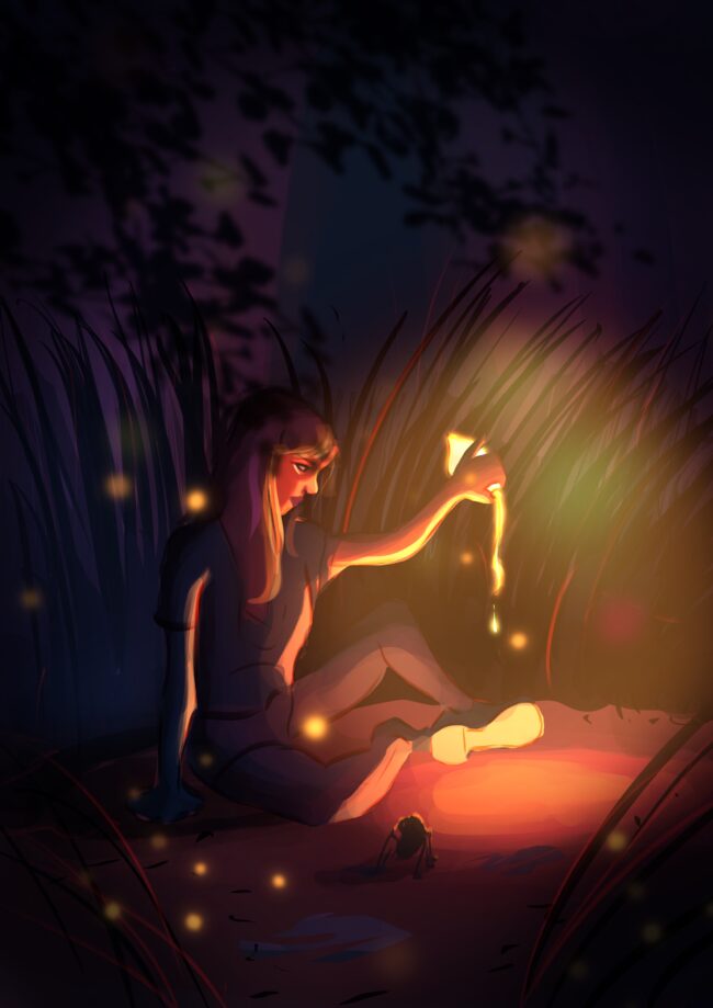 dessin digital fille assise dans la forêt