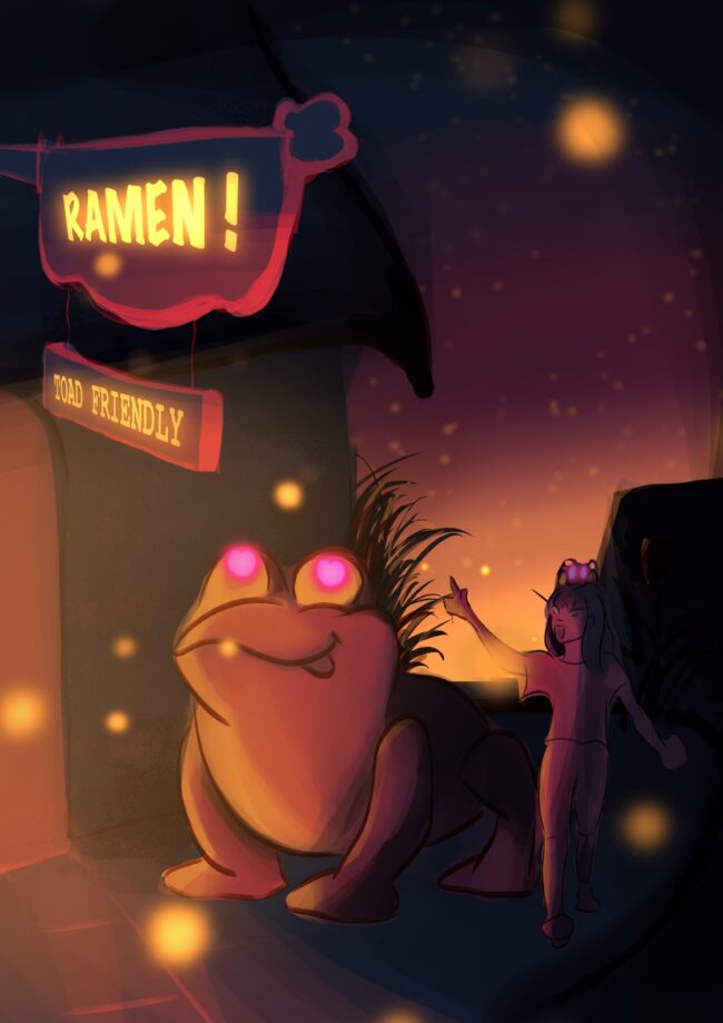 dessin digital fille et crapaud en promenade