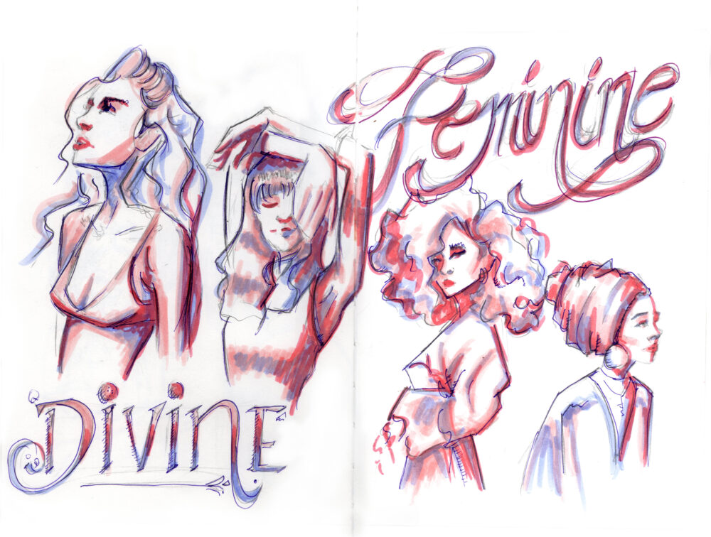 dessin feutre rose et violets portraits femmes