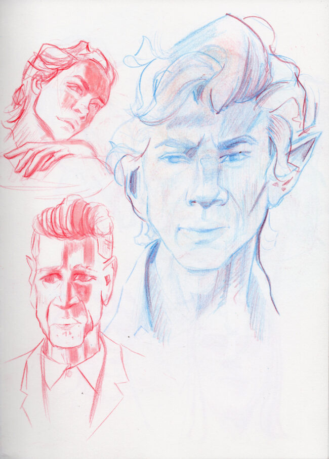 dessin crayonné bleu et rouge portraits hommes et femme