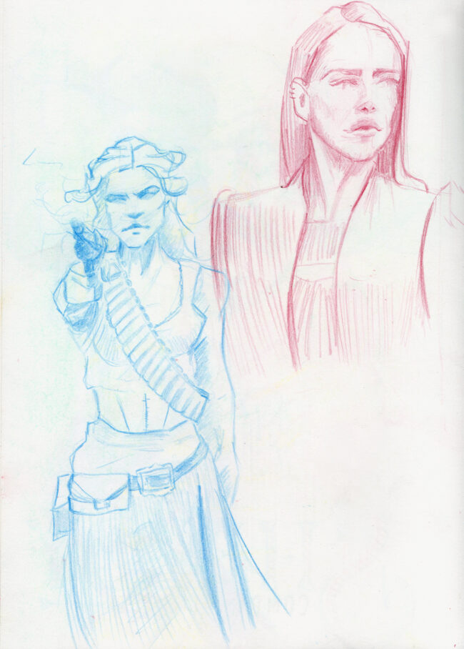 dessin crayonné bleu et rouge 