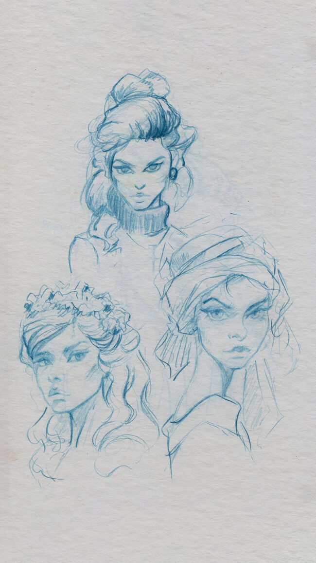 dessin crayonné bleu trois portraits femme