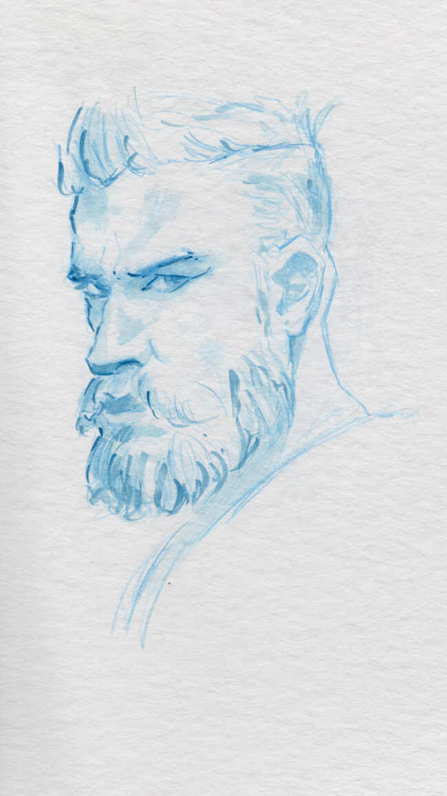 dessin crayonné bleu portrait homme