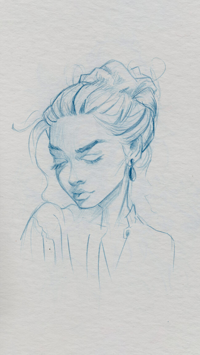 dessin crayonné bleu portrait femme