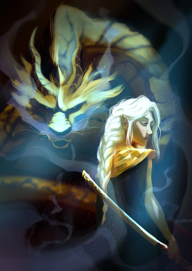 dessin digital d'une elfe et d'un dragon