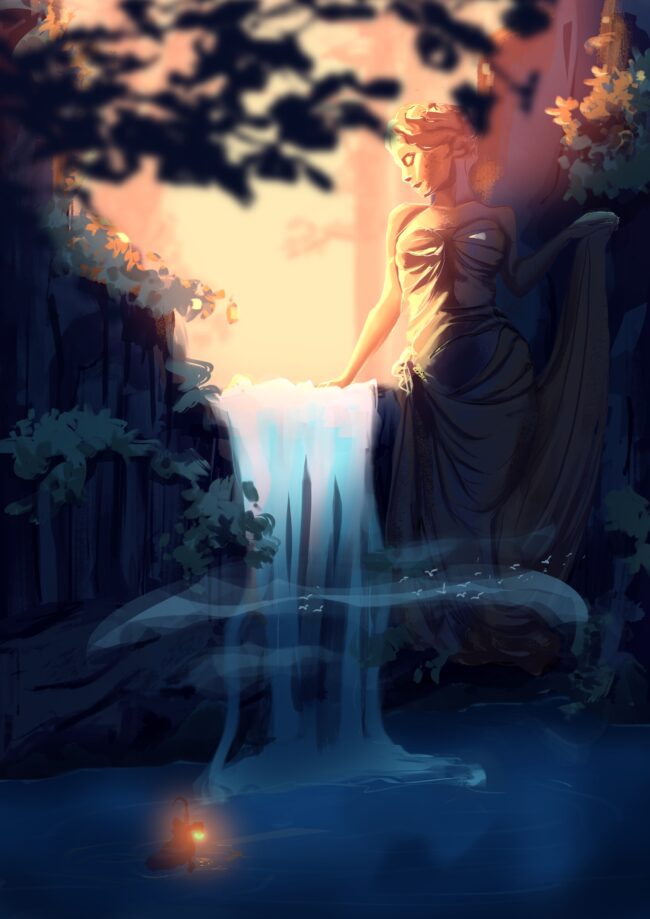 dessin digital cascade et statut géante femme