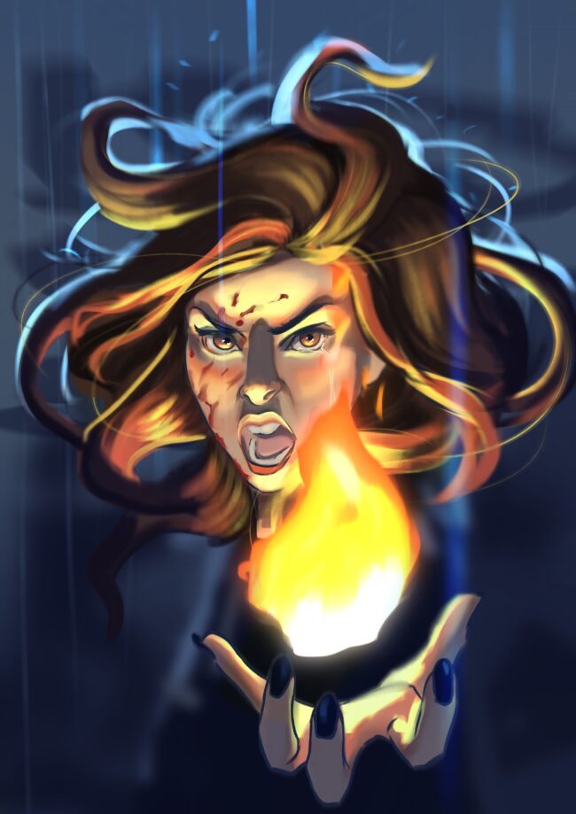 dessin digital portrait femme avec boule de feu