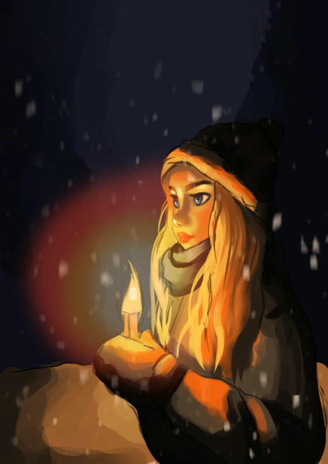 dessin digital portrait femme sous la neige avec bougie