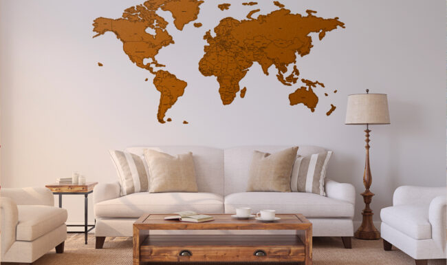 design graphique carte du monde en liège murale dans salon